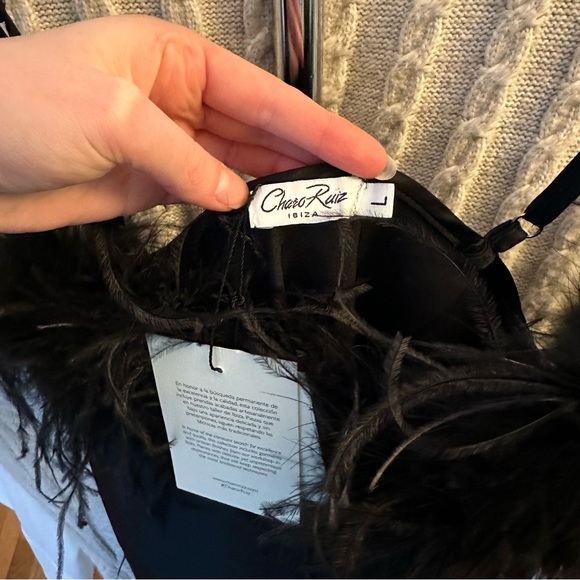 NWT Charo Ruiz Black Mini Dress w/ Ostich Feather Trim Sz L - Picture 5 of 8